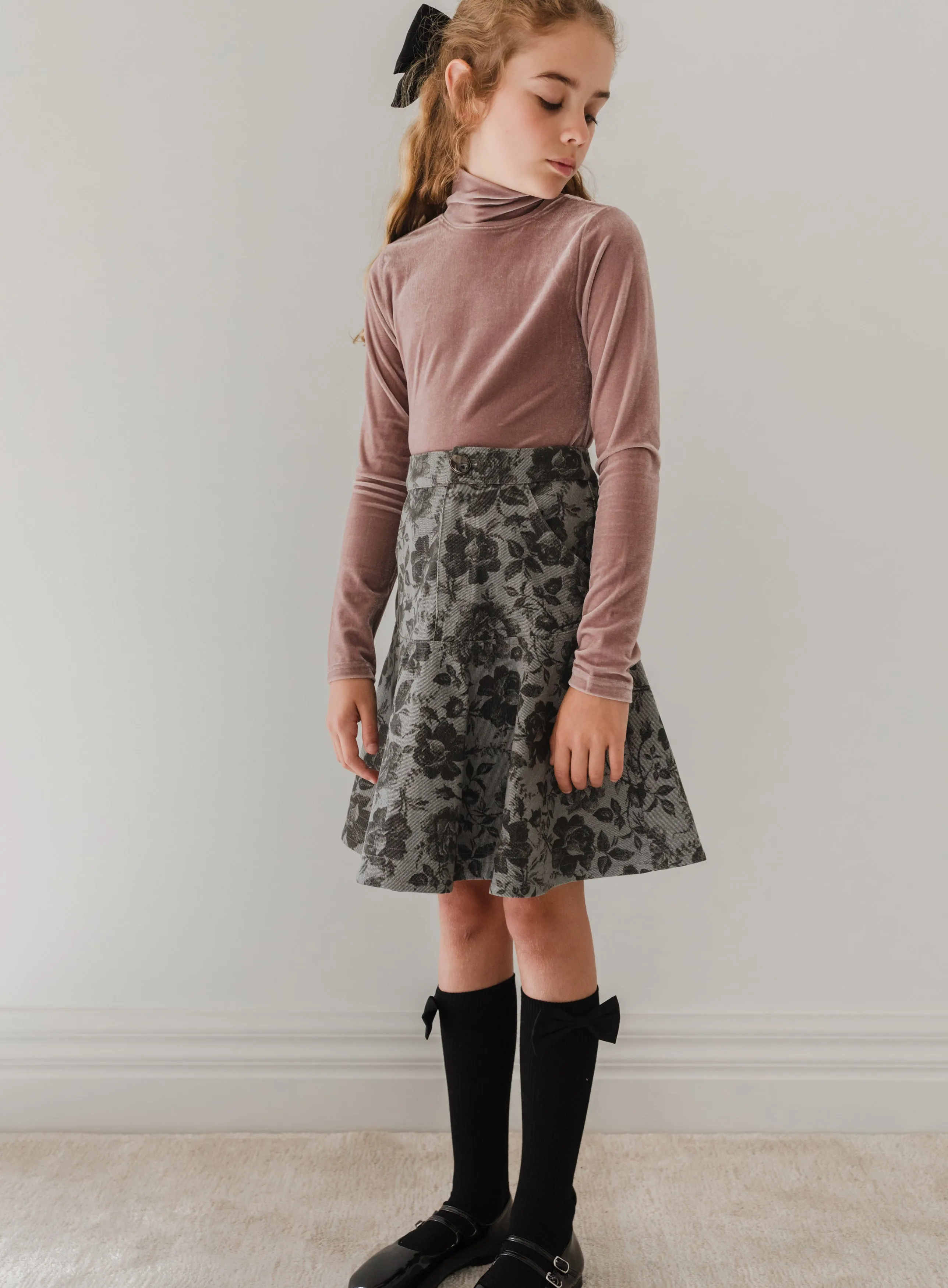 Petite Amalie Black Rose Printed Denim Skirt
