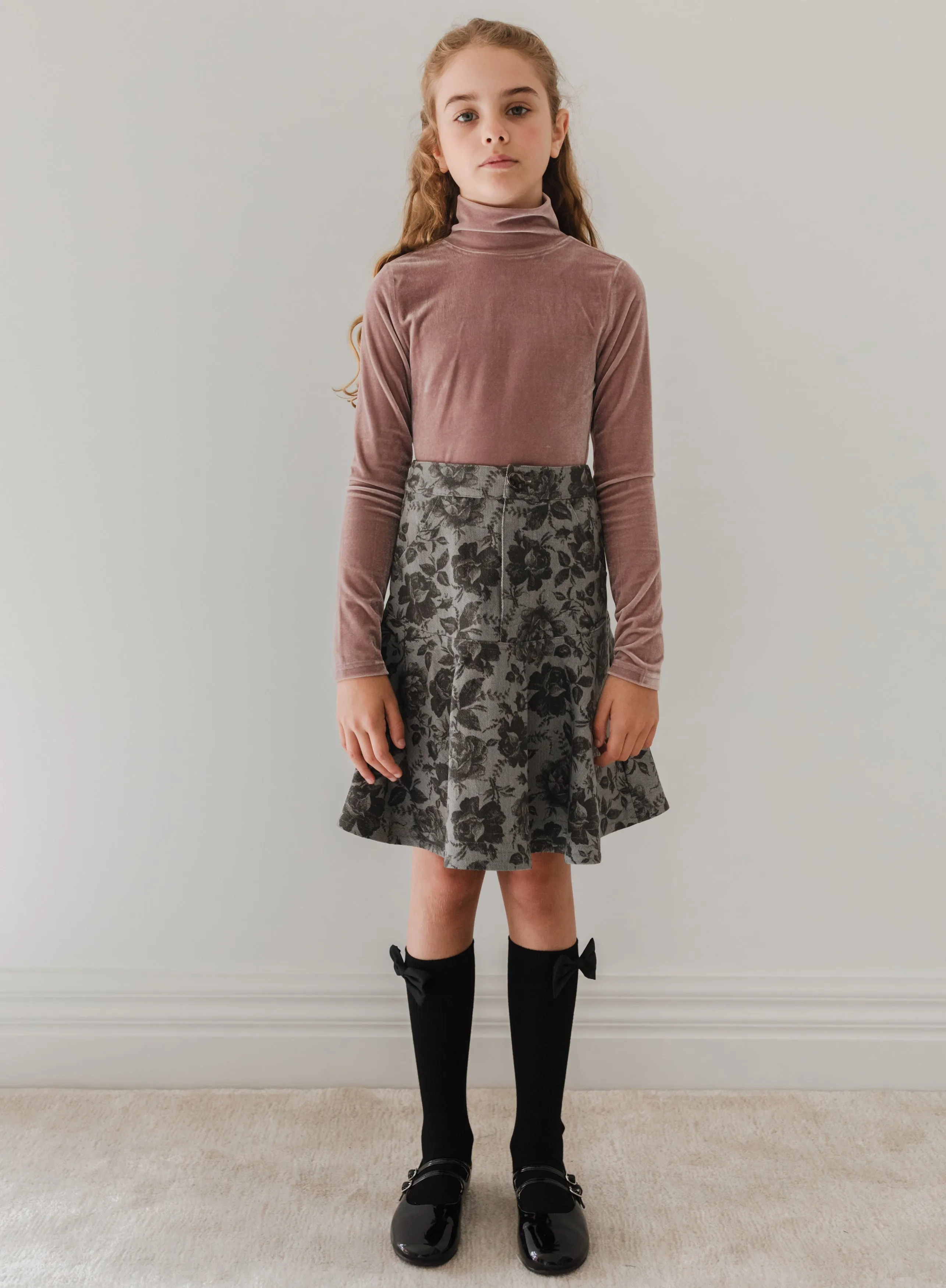 Petite Amalie Black Rose Printed Denim Skirt