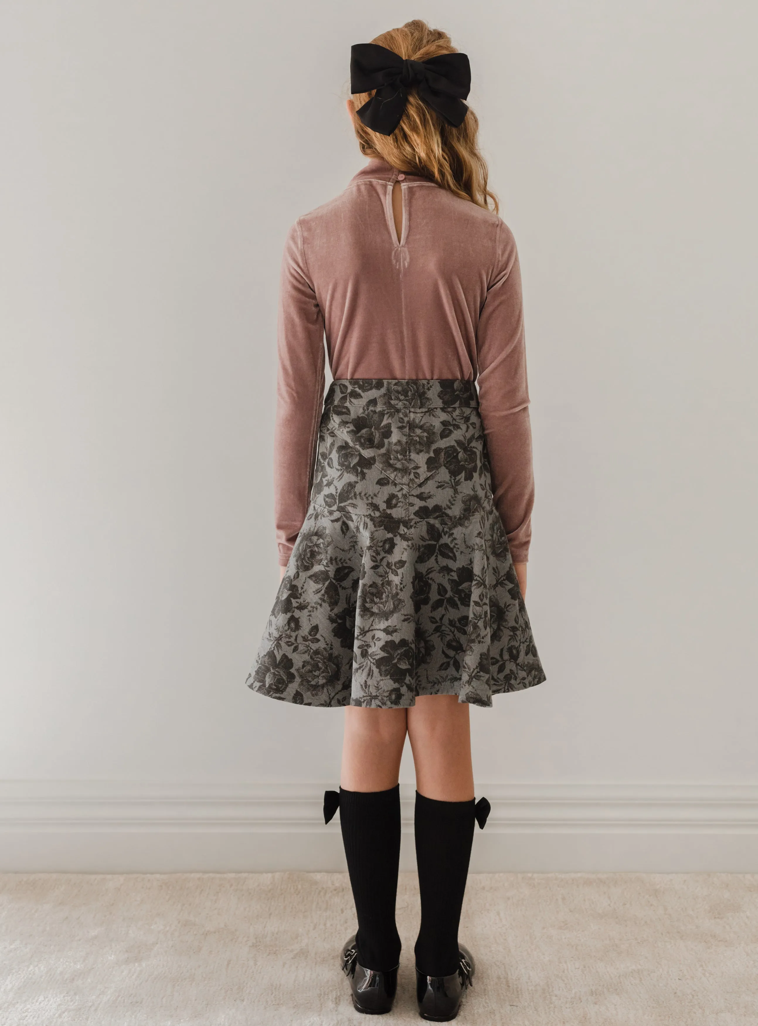 Petite Amalie Black Rose Printed Denim Skirt