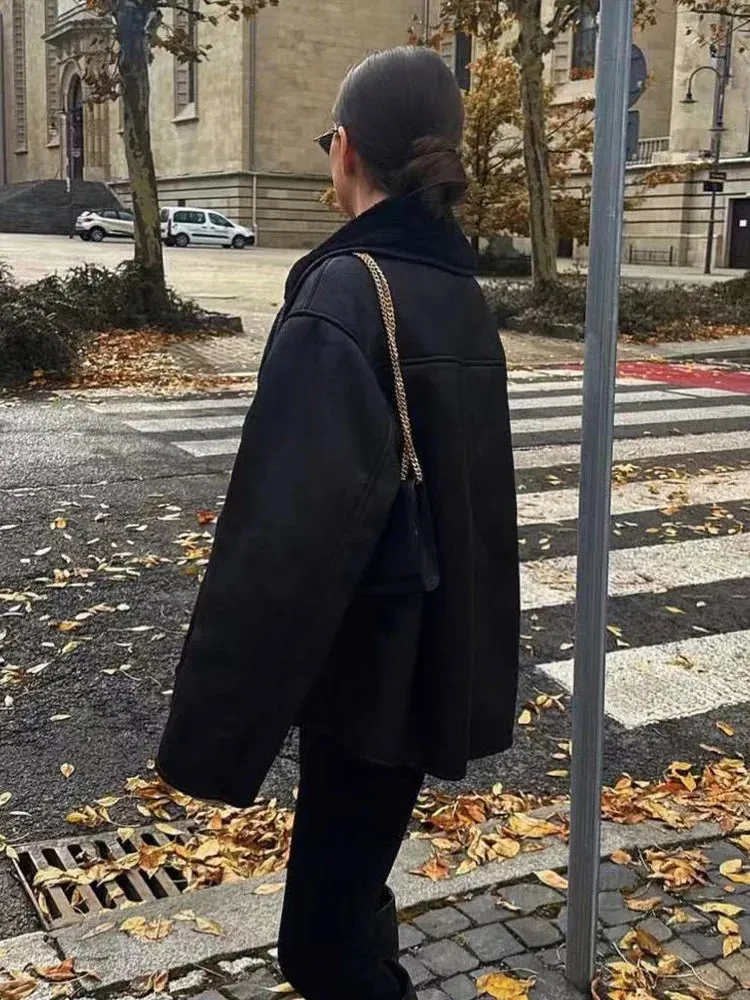 Plush Faux Leather Single-Breasted Overcoat