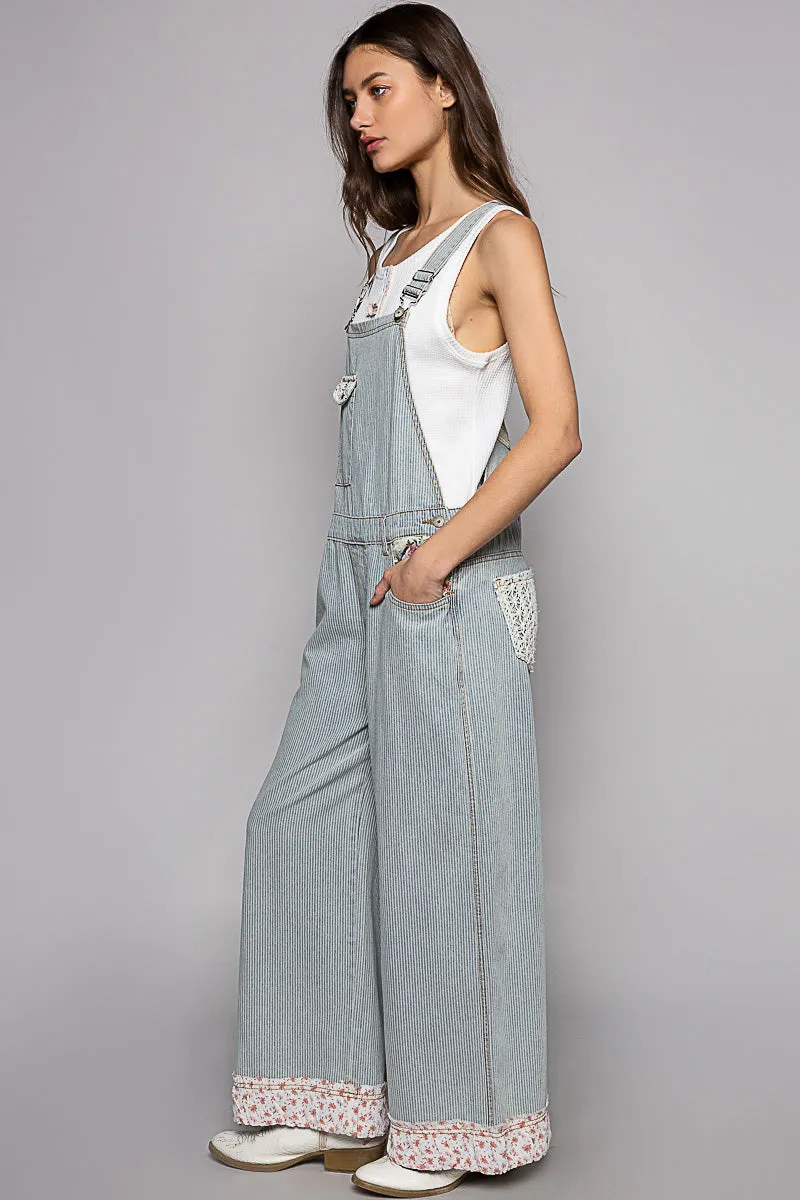 POL Women's Stripe Denim Floral Patch Overalls