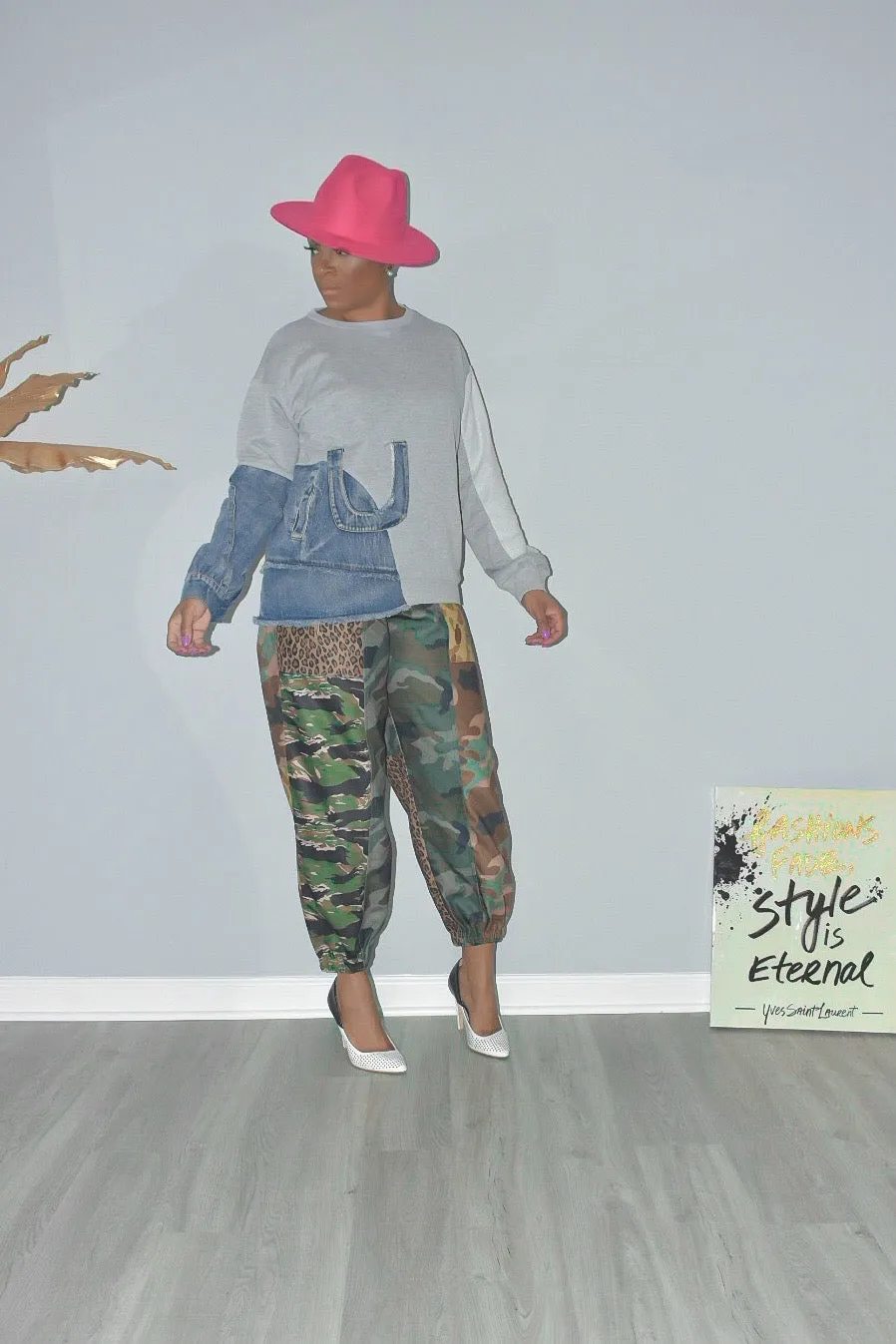 "U See Me" Denim Patched Crewneck