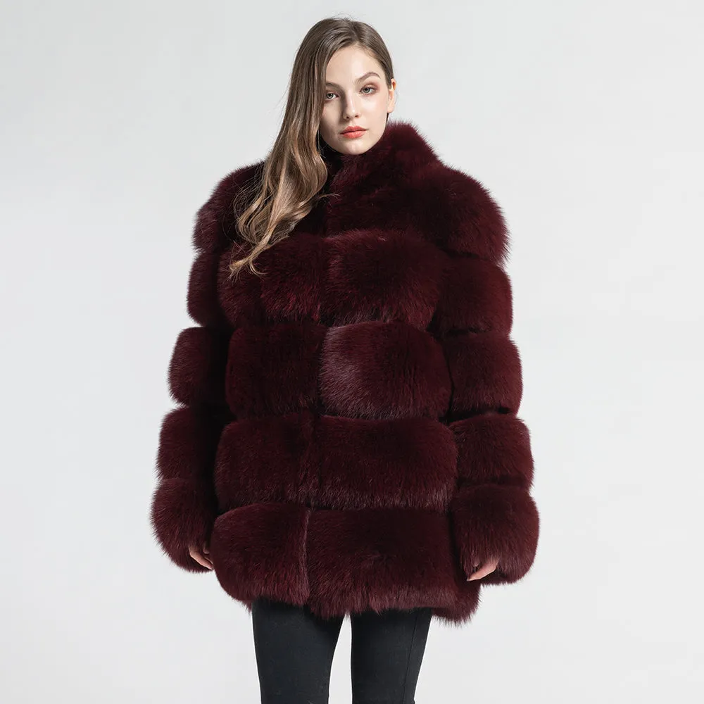 Real Fox Fur Women Coat Luxury Fur with Collar Jacket Winter Wine Red