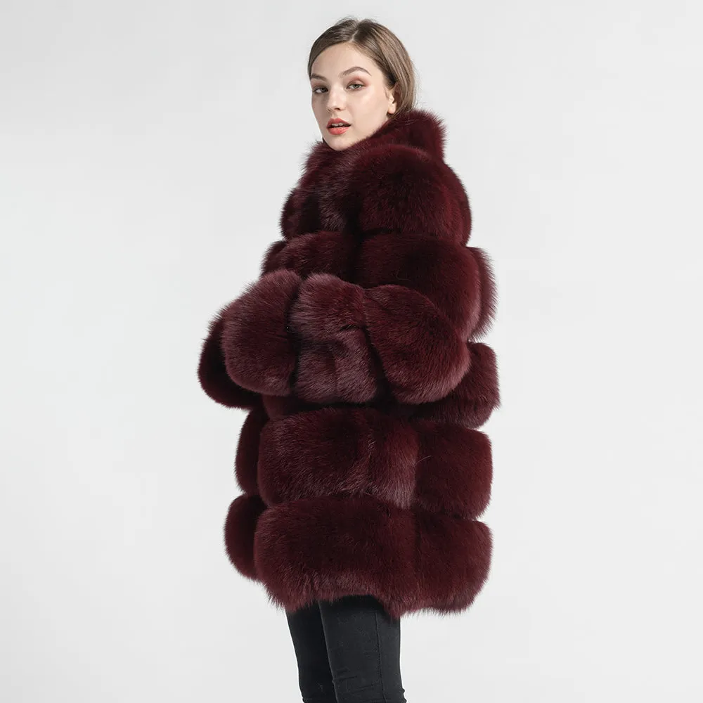 Real Fox Fur Women Coat Luxury Fur with Collar Jacket Winter Wine Red