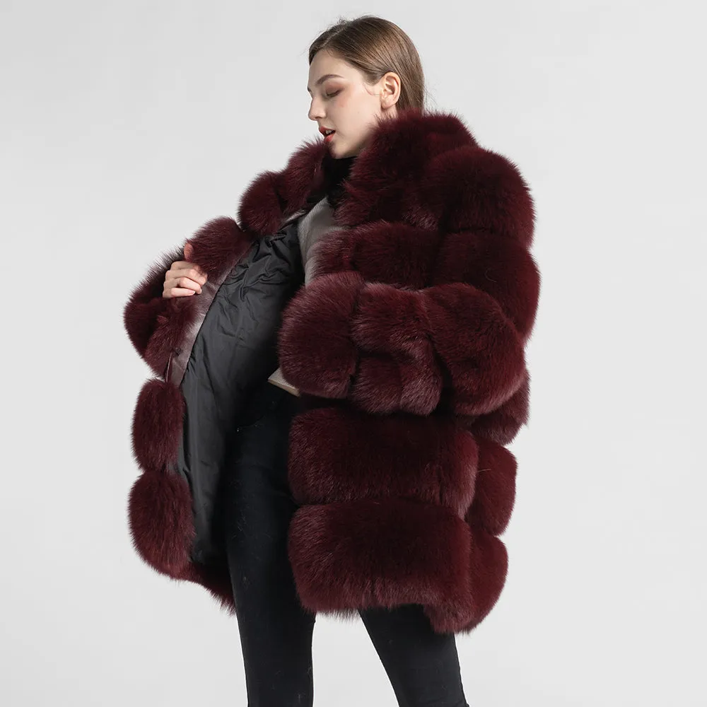 Real Fox Fur Women Coat Luxury Fur with Collar Jacket Winter Wine Red