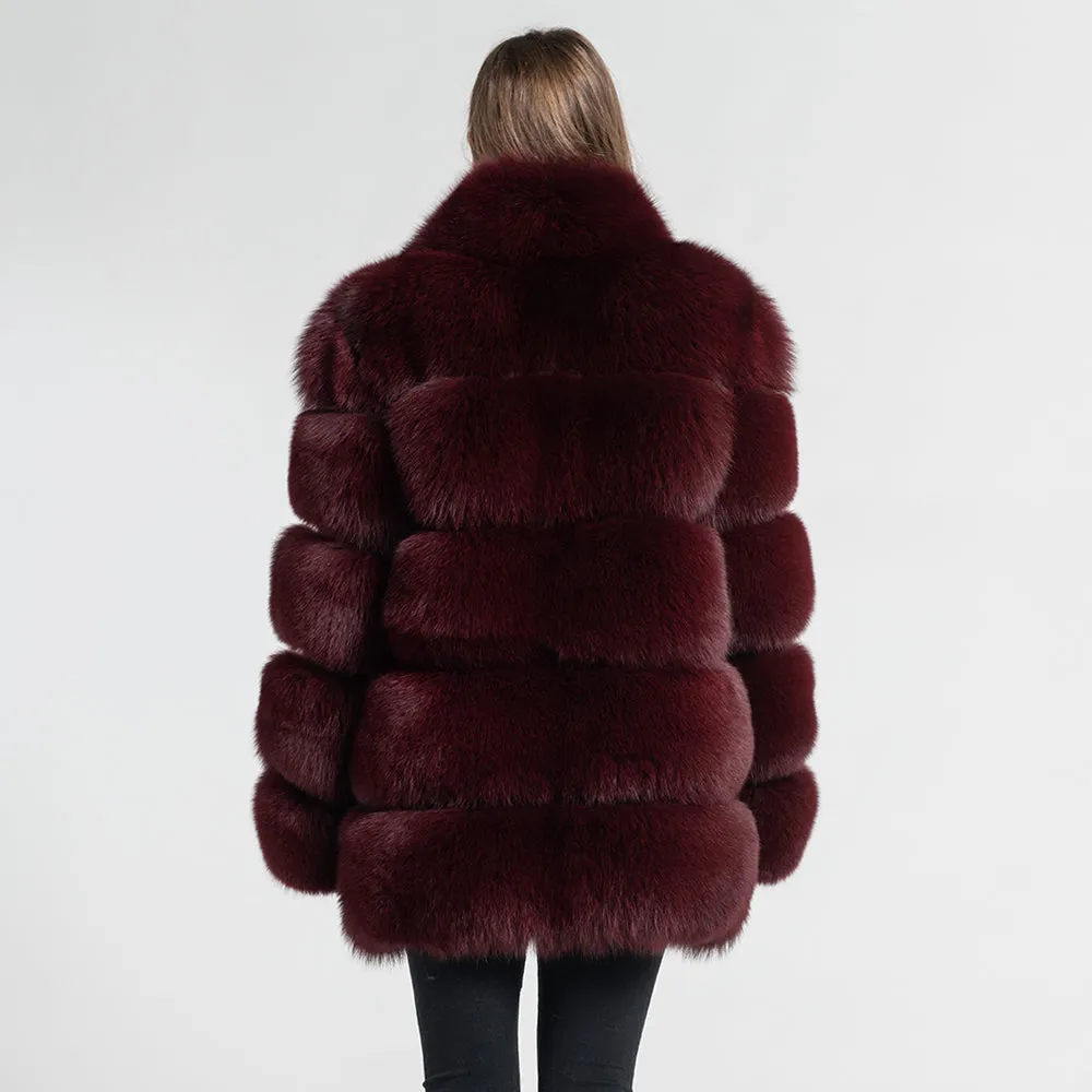 Real Fox Fur Women Coat Luxury Fur with Collar Jacket Winter Wine Red