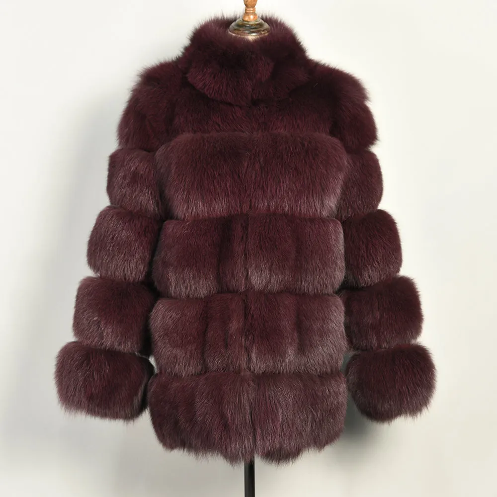 Real Fox Fur Women Coat Luxury Fur with Collar Jacket Winter Wine Red