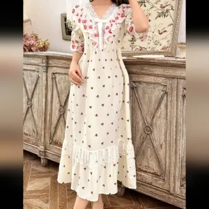 Romantic Cherry Print Lace Long Nightgown For Women