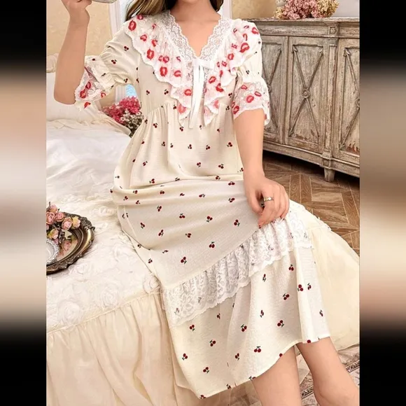 Romantic Cherry Print Lace Long Nightgown For Women