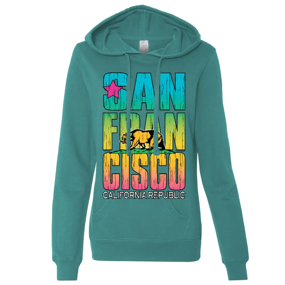 San Francisco California Neon Rainbow Ladies Lightweight Fitted Hoodie