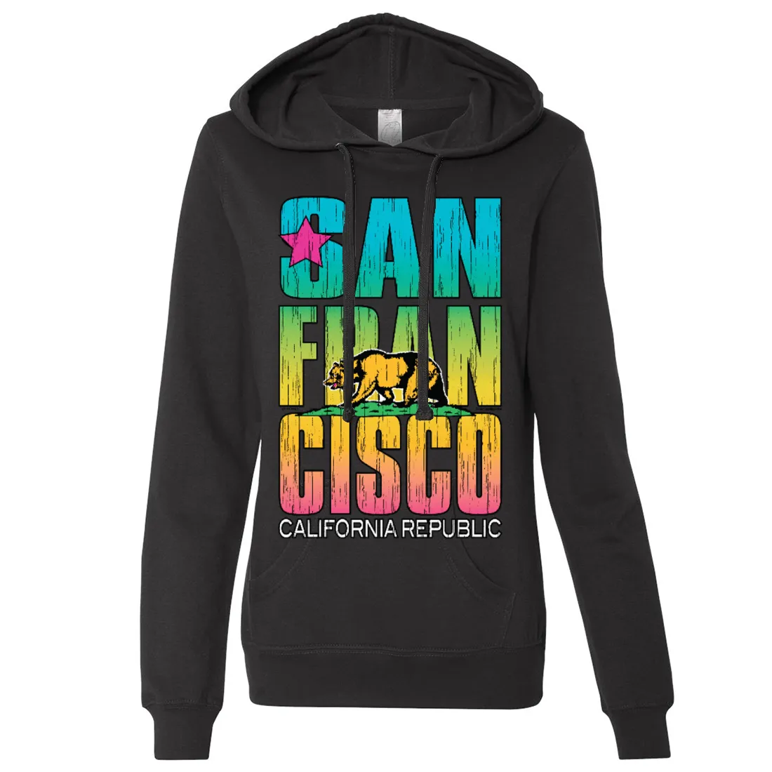 San Francisco California Neon Rainbow Ladies Lightweight Fitted Hoodie