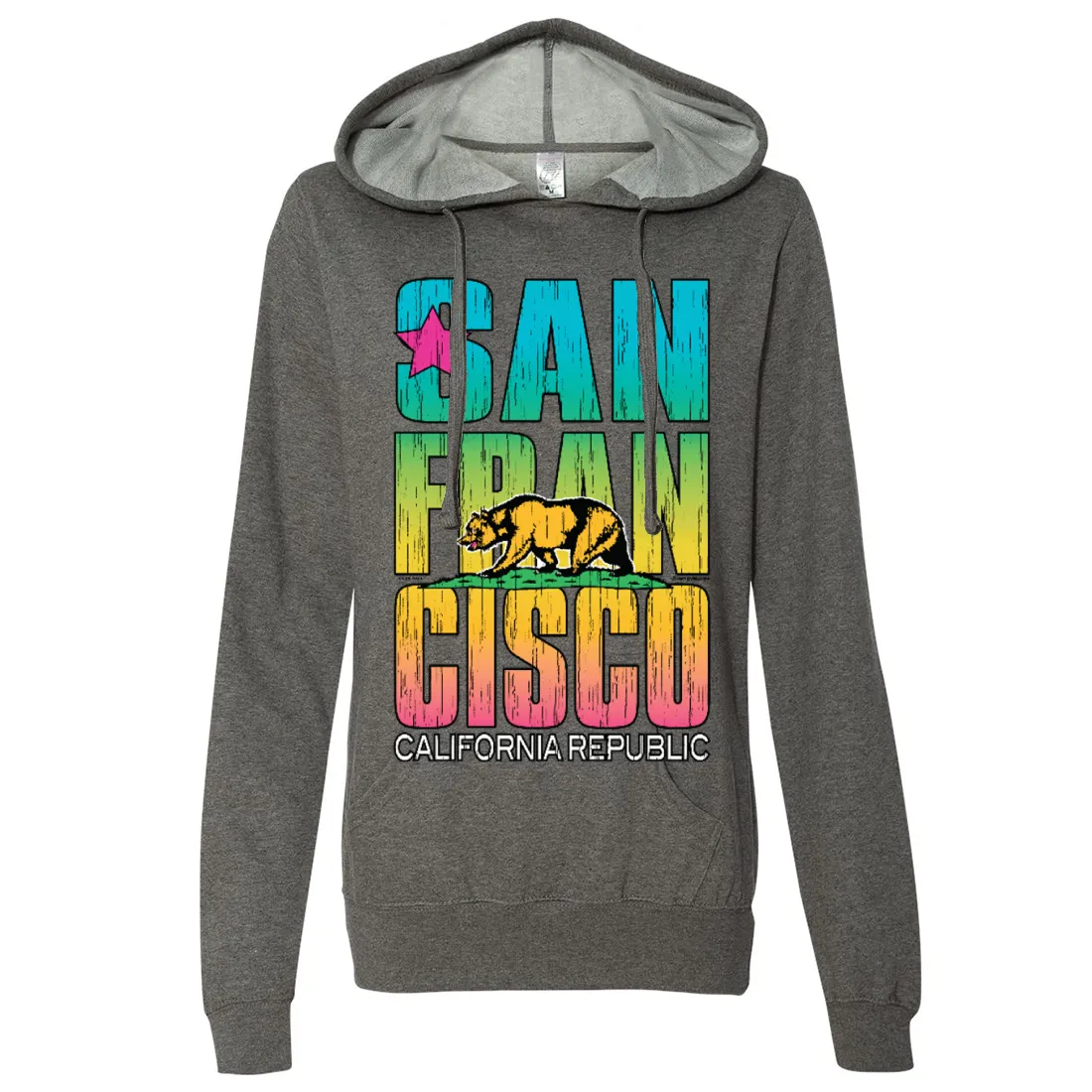 San Francisco California Neon Rainbow Ladies Lightweight Fitted Hoodie