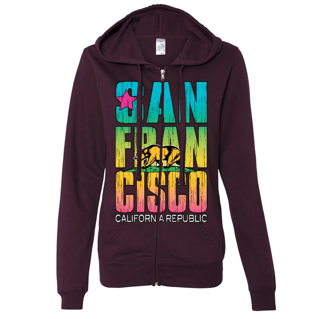 San Francisco California Neon Rainbow Ladies Lightweight Fitted Zip-Up Hoodie