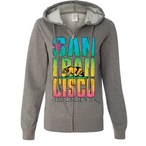 San Francisco California Neon Rainbow Ladies Lightweight Fitted Zip-Up Hoodie