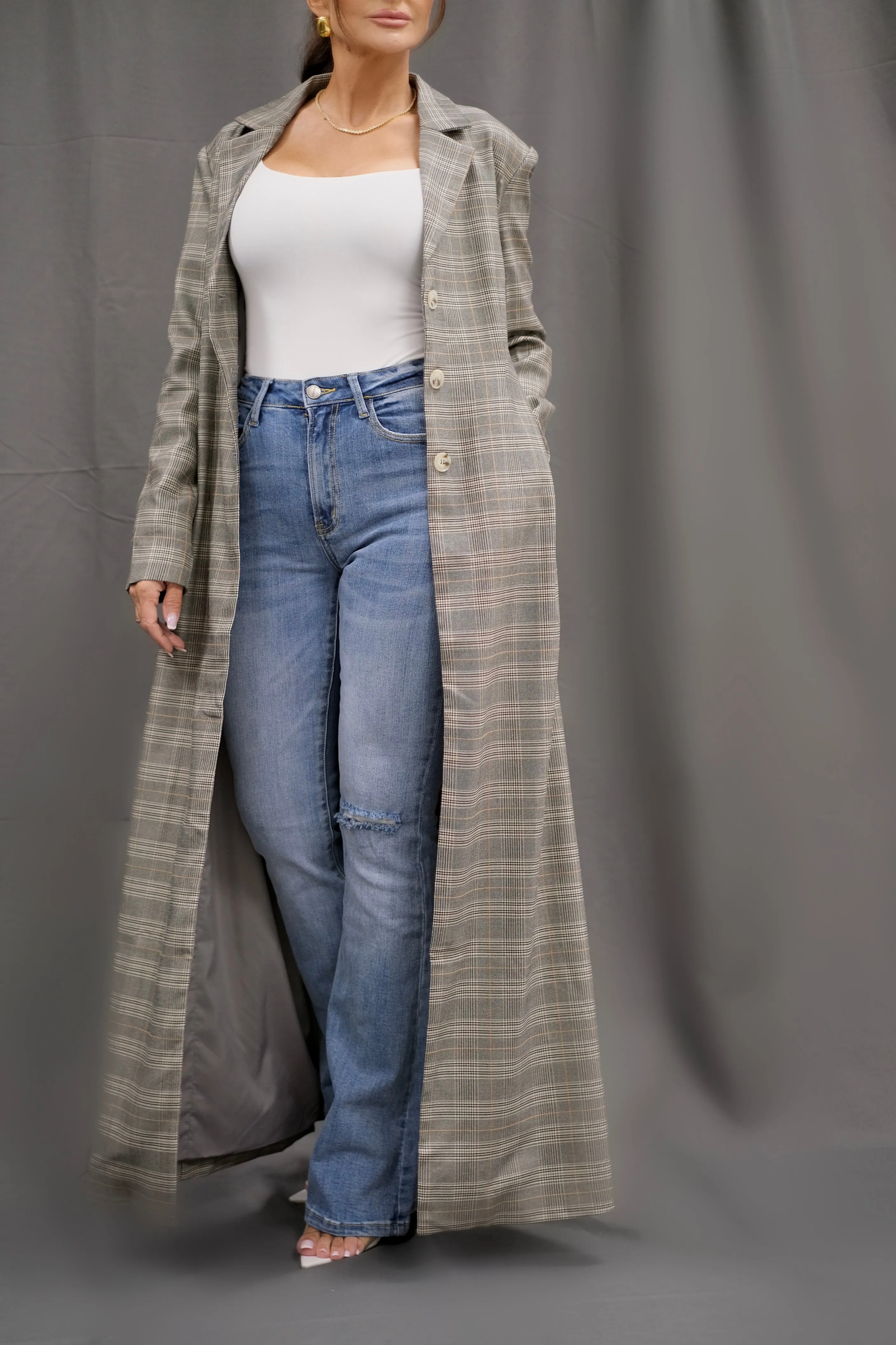 Sawyer Charcoal Plaid Blazer Trench