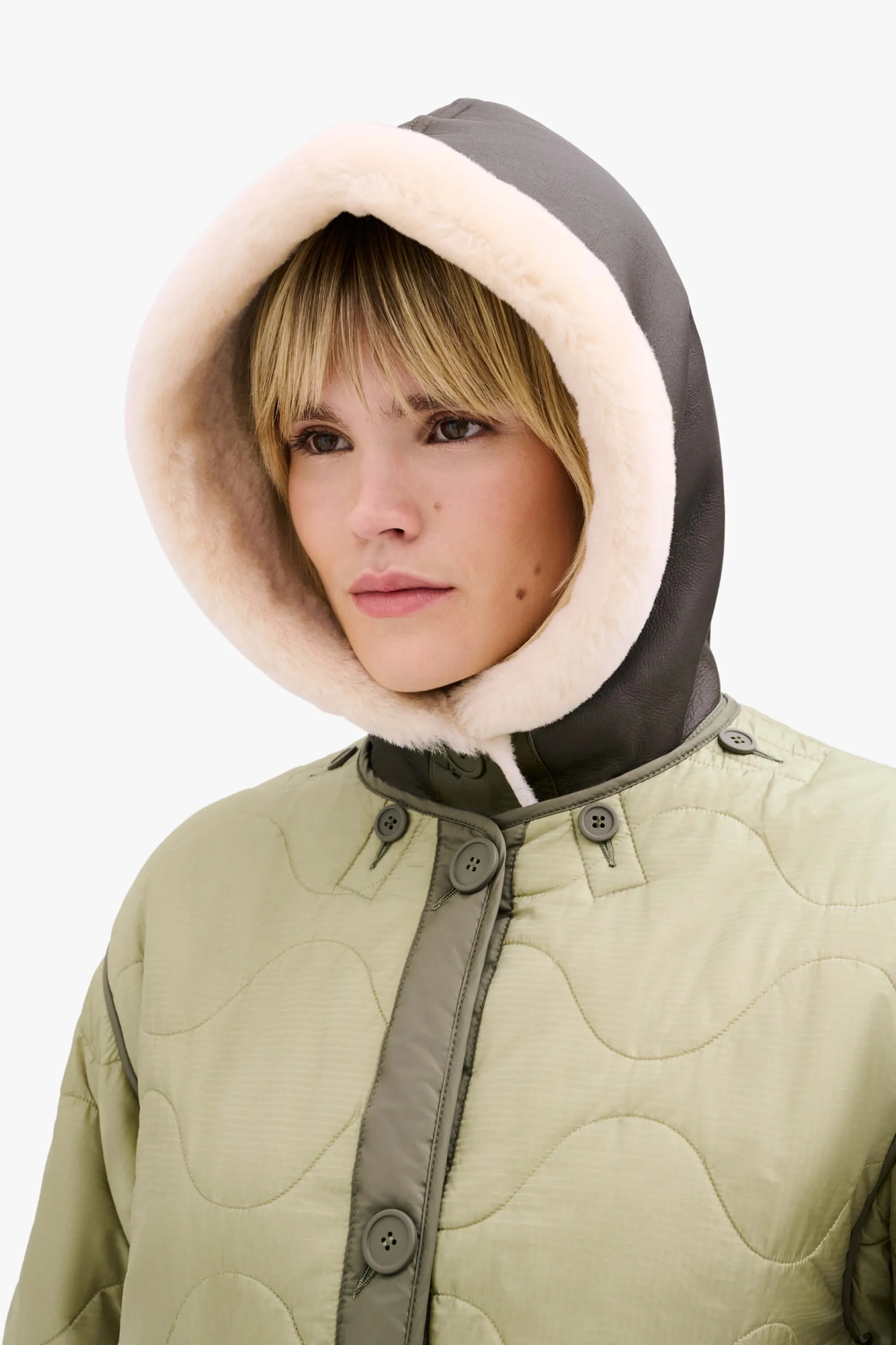 Shearling Close Fit Hood - Dark Olive / Blush