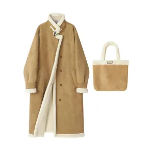Shearling Trim Wool Coat with Tote Bag