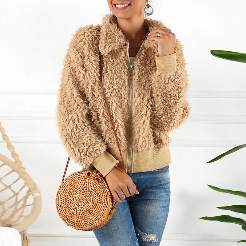 Short Lapel Faux Fur Coat Warm Plush Top