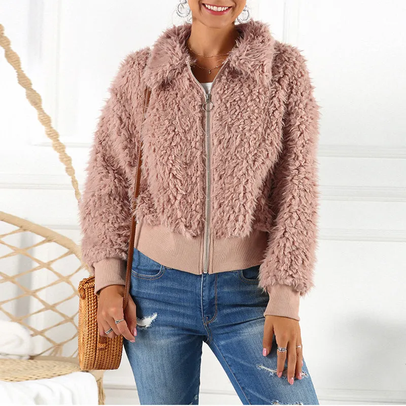 Short Lapel Faux Fur Coat Warm Plush Top