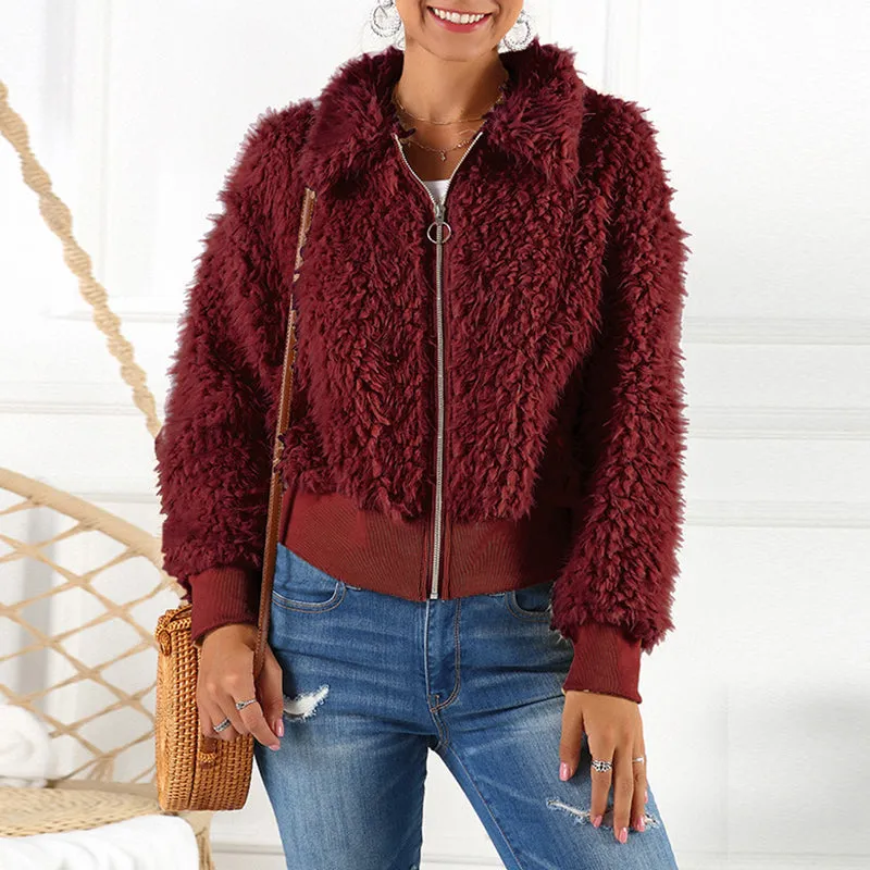 Short Lapel Faux Fur Coat Warm Plush Top