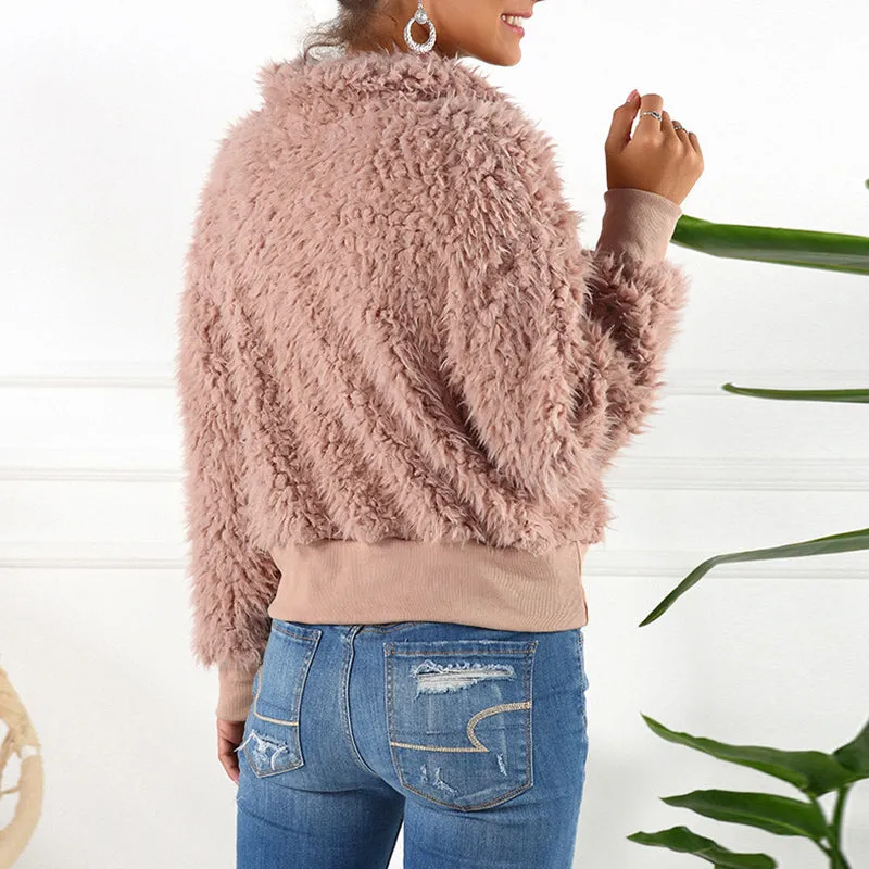 Short Lapel Faux Fur Coat Warm Plush Top