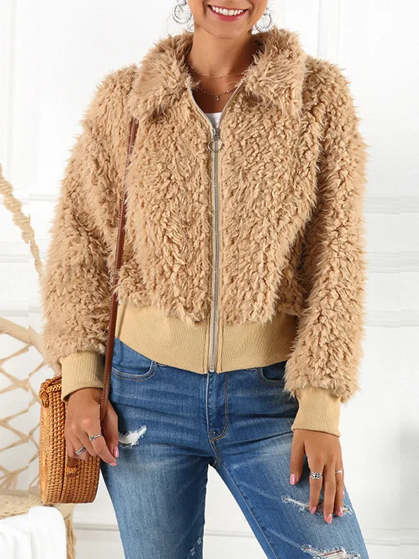 Short Lapel Faux Fur Coat Warm Plush Top