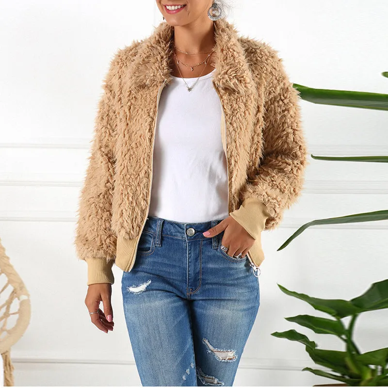 Short Lapel Faux Fur Coat Warm Plush Top