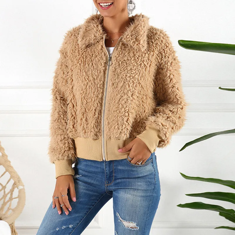 Short Lapel Faux Fur Coat Warm Plush Top