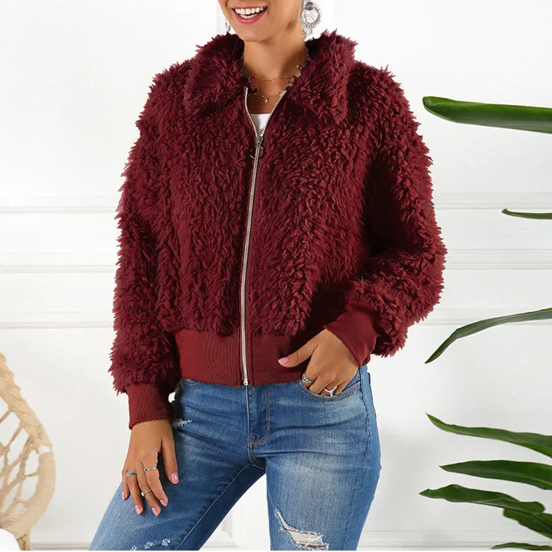 Short Lapel Faux Fur Coat Warm Plush Top