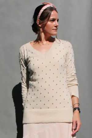 Silver Pearl Embellished Regenerated Italian Cashmere Sweater