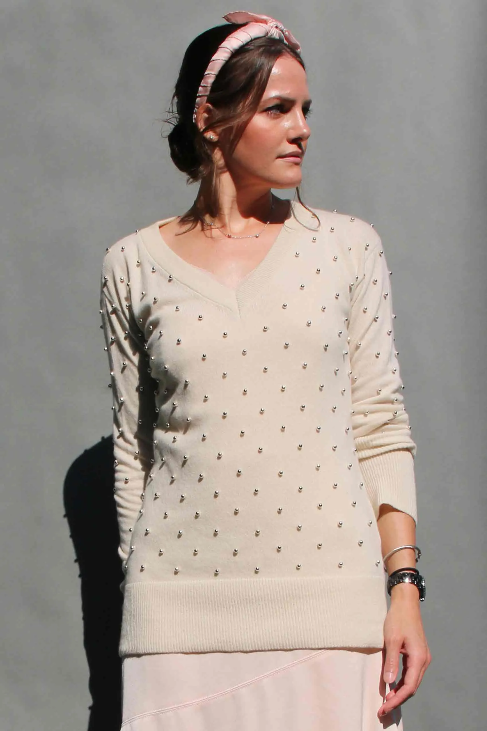 Silver Pearl Embellished Regenerated Italian Cashmere Sweater