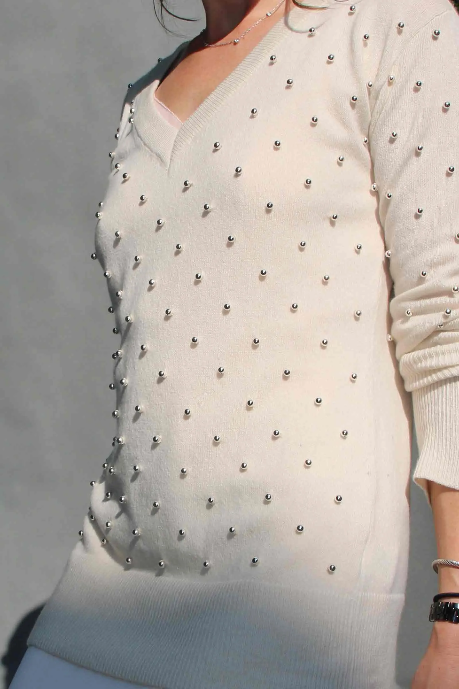 Silver Pearl Embellished Regenerated Italian Cashmere Sweater