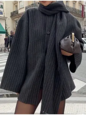 Striped Scarf Collar Casual Wool Overcoat
