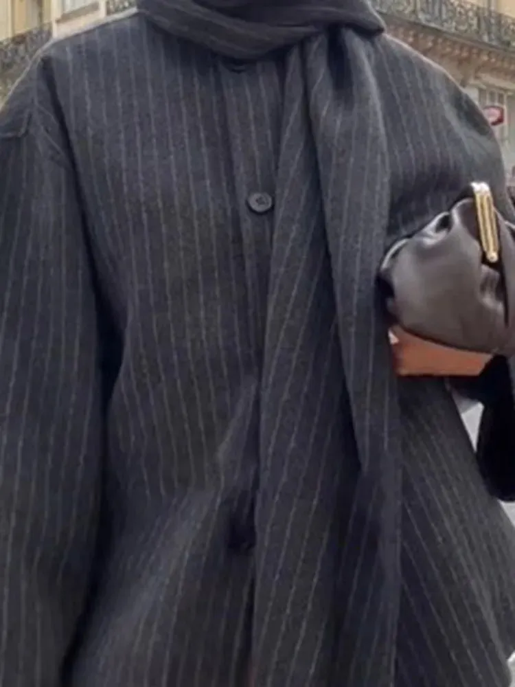 Striped Scarf Collar Casual Wool Overcoat