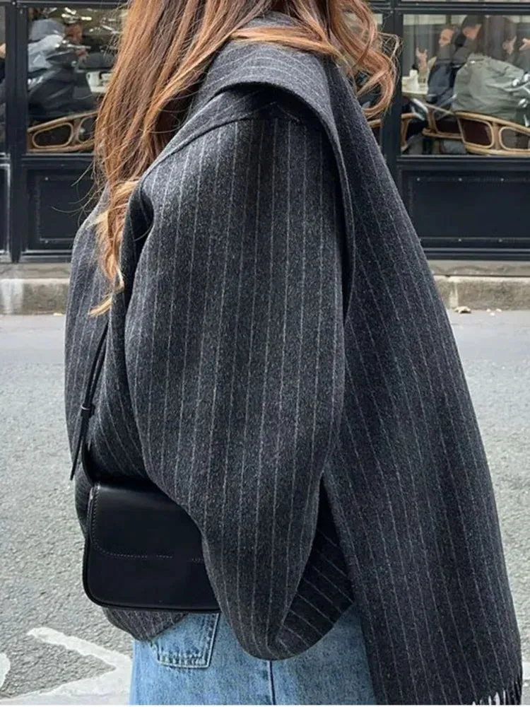 Striped Scarf Collar Casual Wool Overcoat