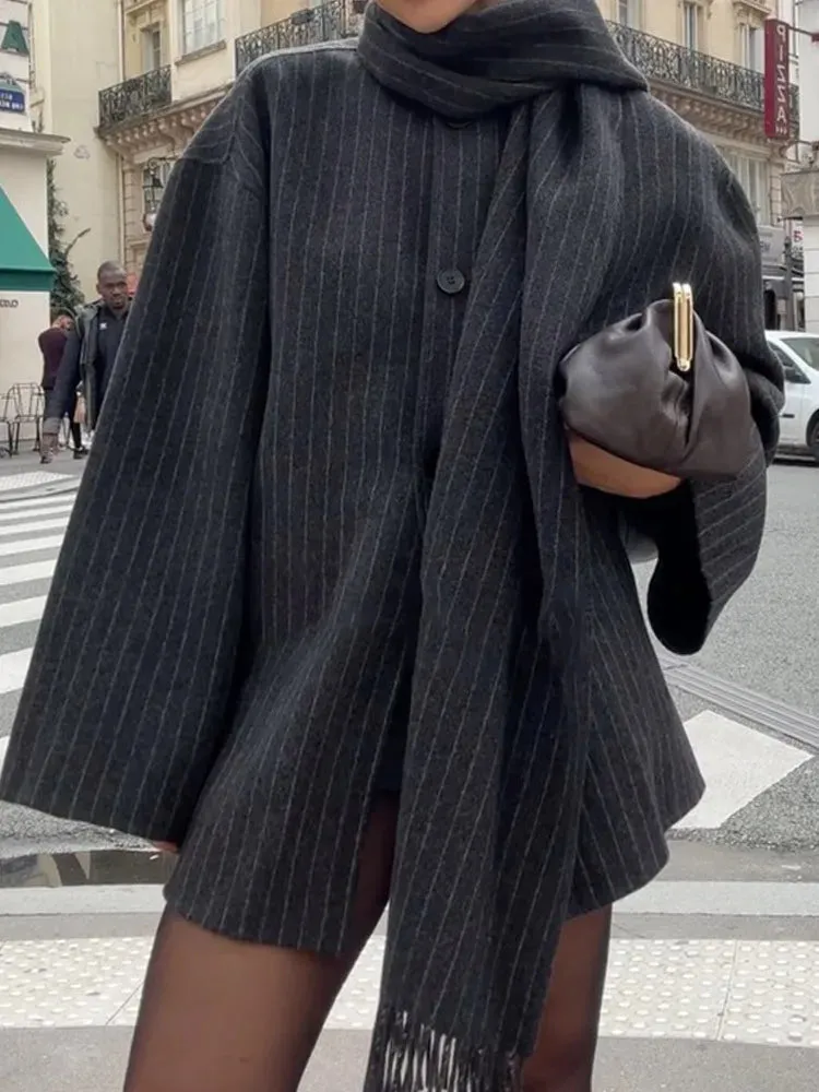 Striped Scarf Collar Casual Wool Overcoat