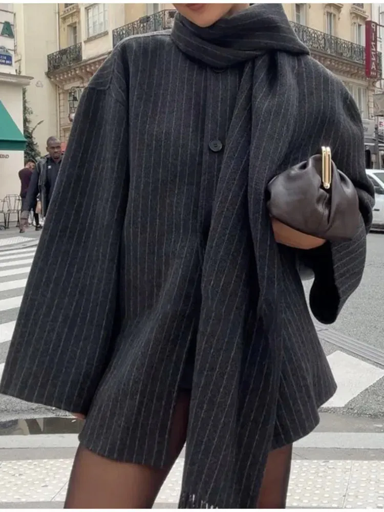 Striped Scarf Collar Casual Wool Overcoat