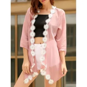 Stylish 3/4 Sleeve Laciness Chiffon Kimono Women's Cardigan - Pink One Size(fit Size Xs To M)