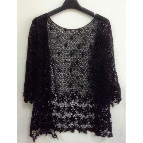 Stylish Crochet Flower Hollow Out 3/4 Sleeve Women's Cardigan - Black One Size