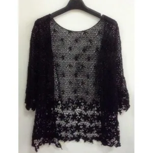 Stylish Crochet Flower Hollow Out 3/4 Sleeve Women's Cardigan - Black One Size