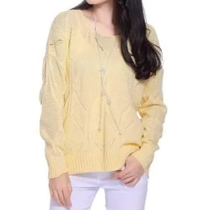 Stylish Scoop Neck Long Sleeve Solid Color Hollow Out Women's Sweater - Light Yellow One Size