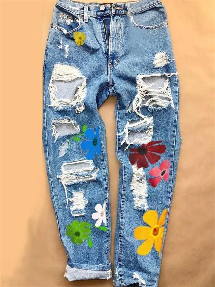 Trendy Button Zipper Closure Floral Printed Ripped Denim Pants