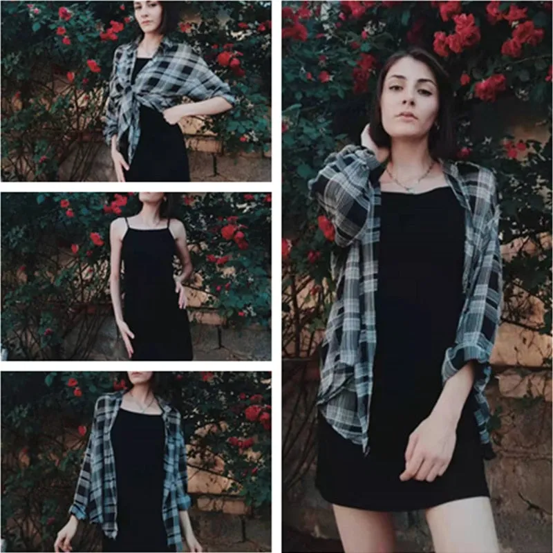 Two Piece Set Long Sleeve Plaid Grey Overcoats Spaghetti Strap Slim Dress