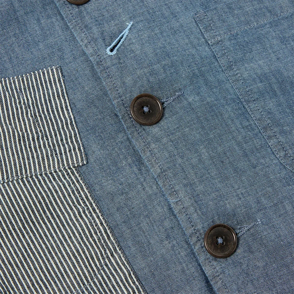 Universal Works Chambray / Hickory Patched Bakers Jacket Indigo