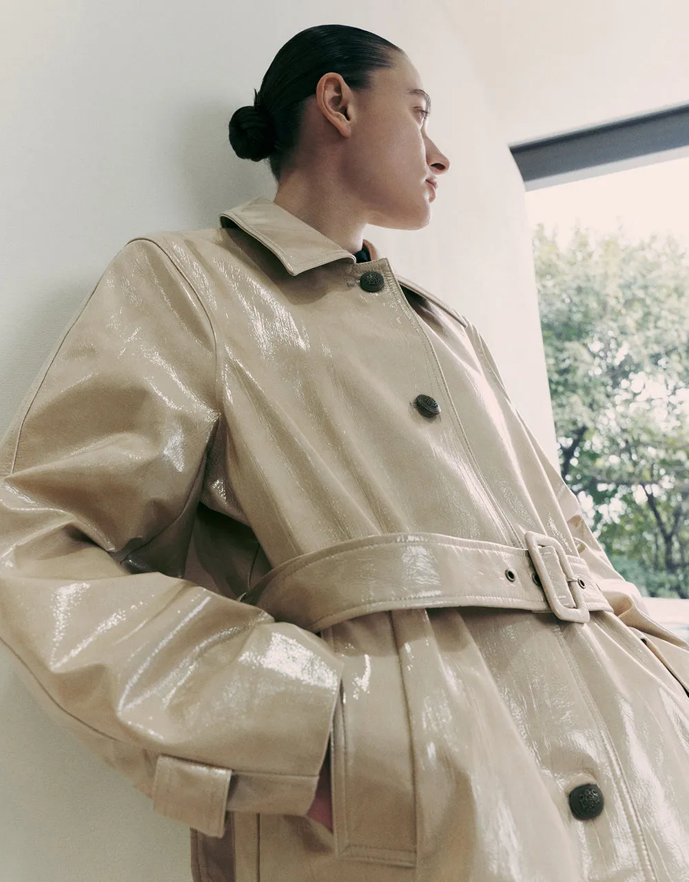 Vegan Leather Trench Coat With Belt