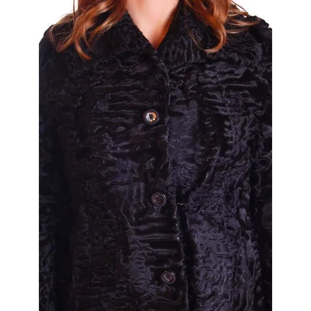 Vintage Black Broadtail Lamb Fur Coat Astrakhan Karakul George Bernard 1970S Med