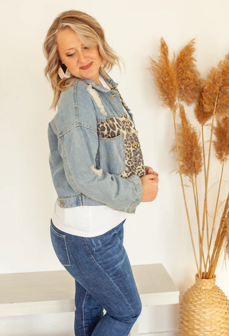 Vintage Denim Leopard Cropped Jacket