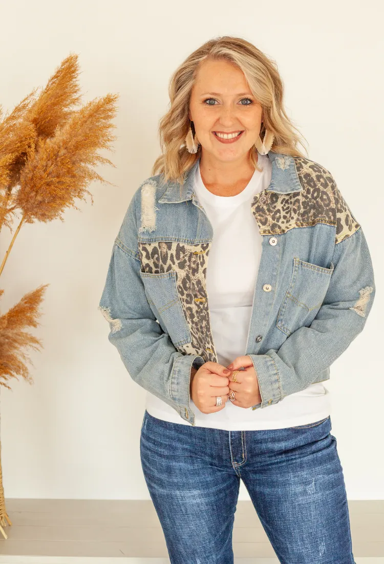 Vintage Denim Leopard Cropped Jacket