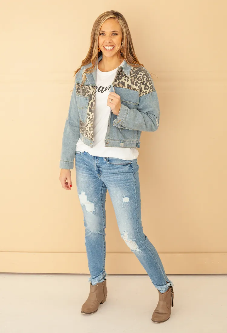 Vintage Denim Leopard Cropped Jacket