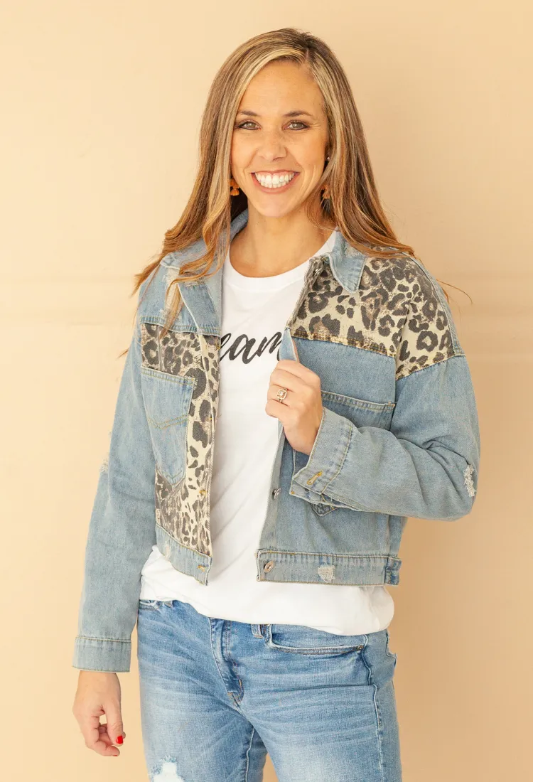 Vintage Denim Leopard Cropped Jacket